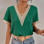Blouse femme en dentelle et chiffon, encolure V, élégante pour bureau et brunch