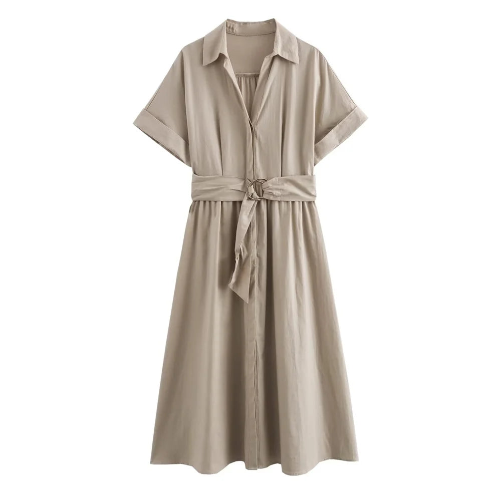 Élodie Lavin® | Robe midi en mélange de lin à col en V