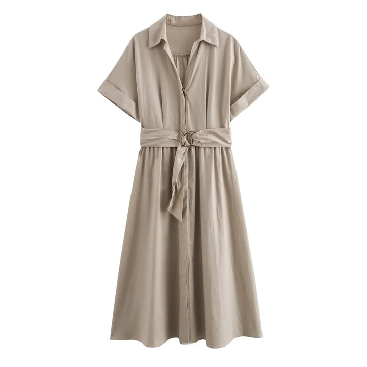 Élodie Lavin® | Robe midi en mélange de lin à col en V