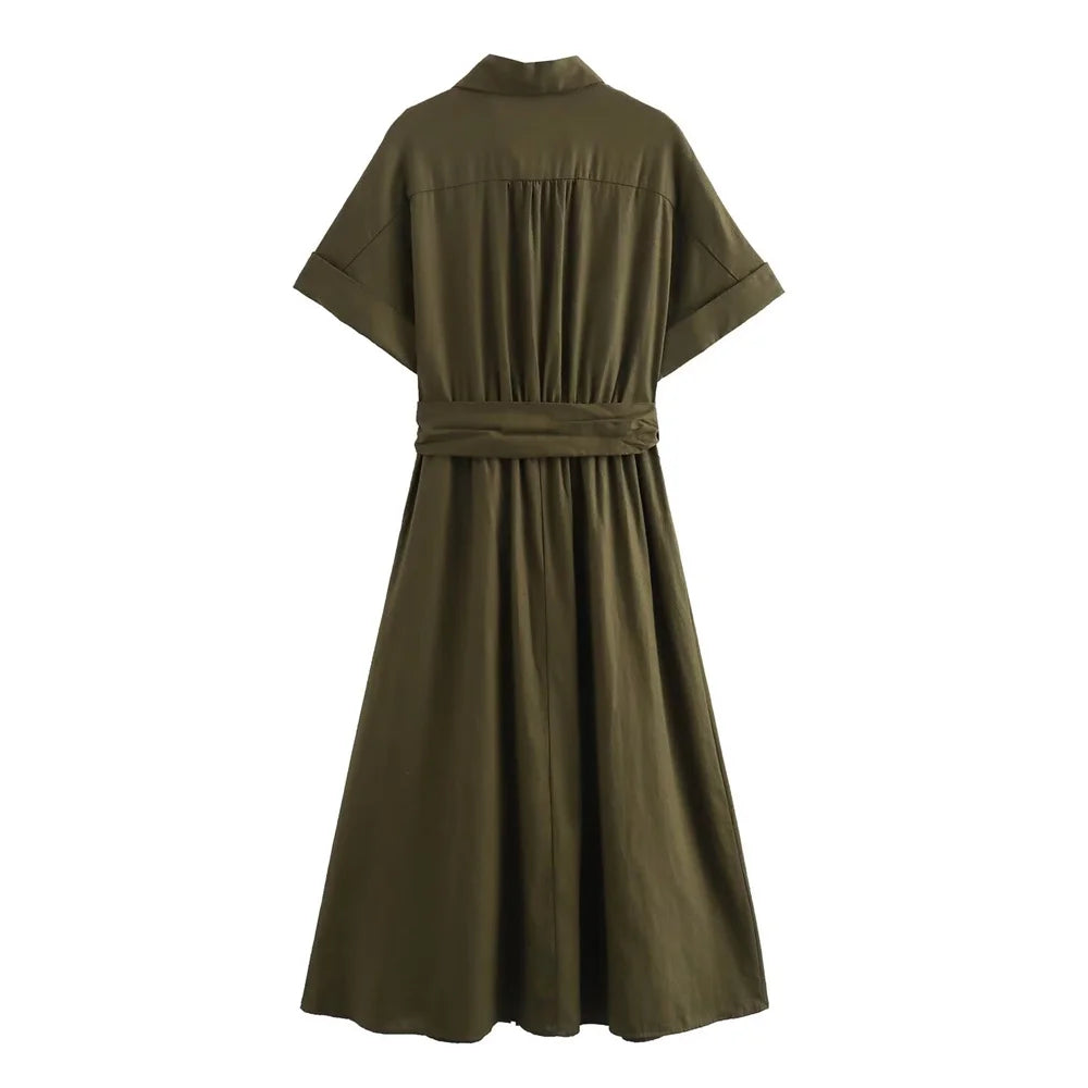 Élodie Lavin® | Robe midi en mélange de lin à col en V