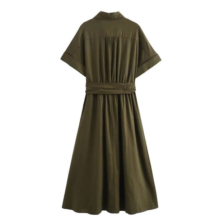 Élodie Lavin® | Robe midi en mélange de lin à col en V