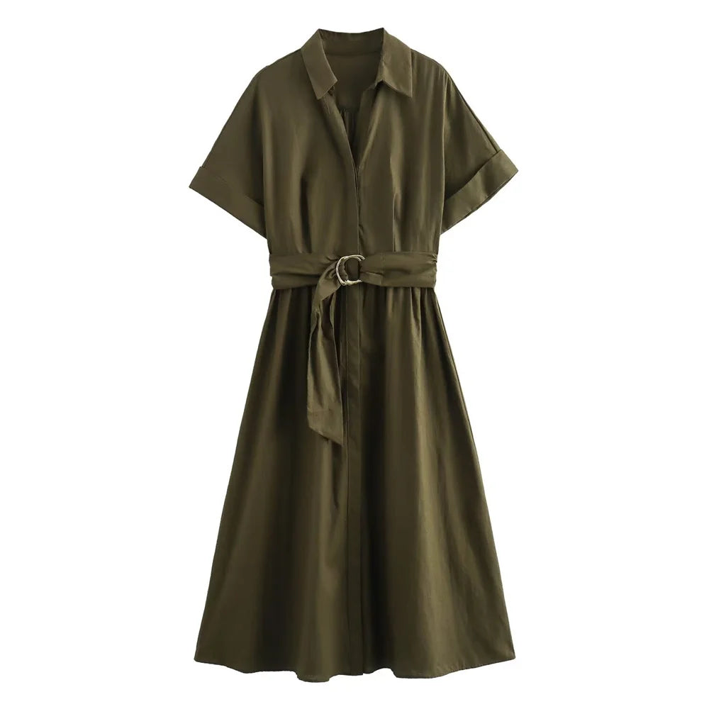 Élodie Lavin® | Robe midi en mélange de lin à col en V