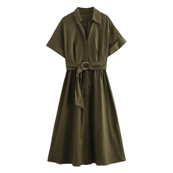 Élodie Lavin® | Robe midi en mélange de lin à col en V