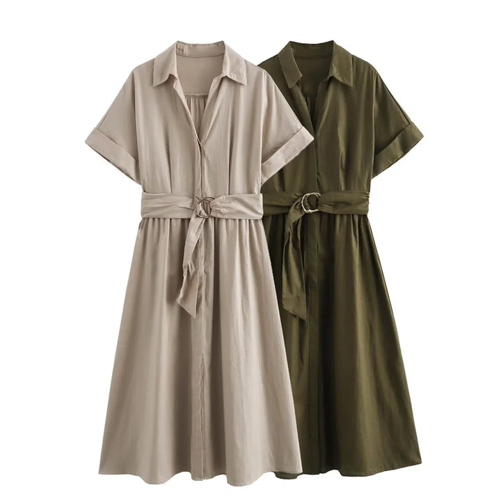 Élodie Lavin® | Robe midi en mélange de lin à col en V