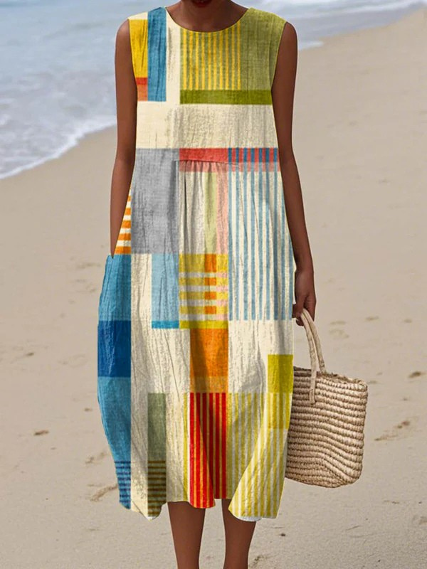 Robe midi femme sans manches à imprimé géométrique, style estival et coupe fluide