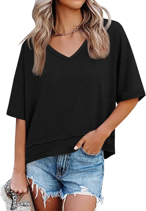 T-shirt femme col V fluide présenté en vue de dos