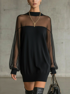 Robe Noire Élégante Courte avec Manches Longues en Résille