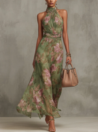 Robe longue en mousseline à fleurs vertes avec col licou