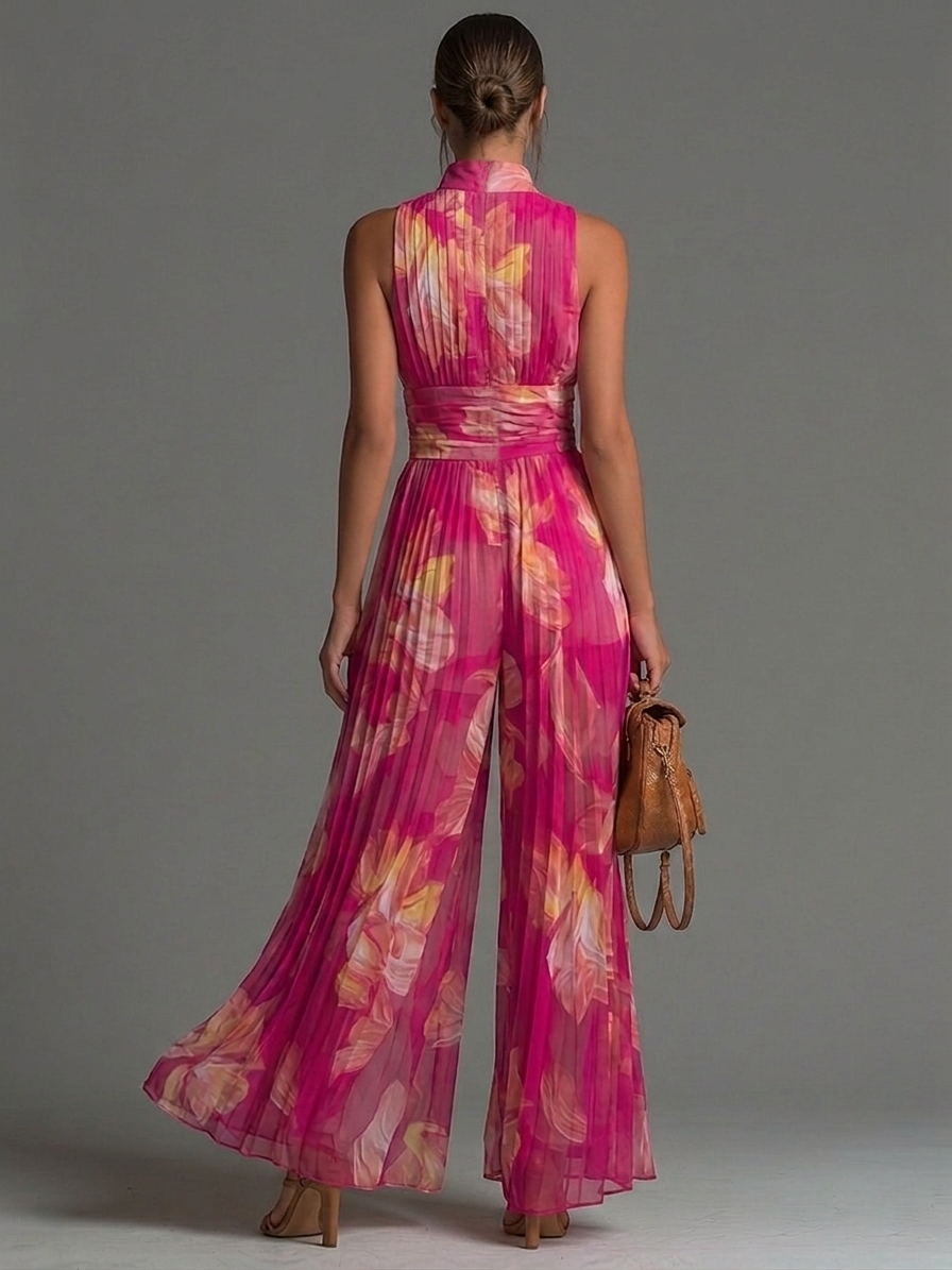 Combinaison femme élégante à imprimé floral, portée en silhouette complète