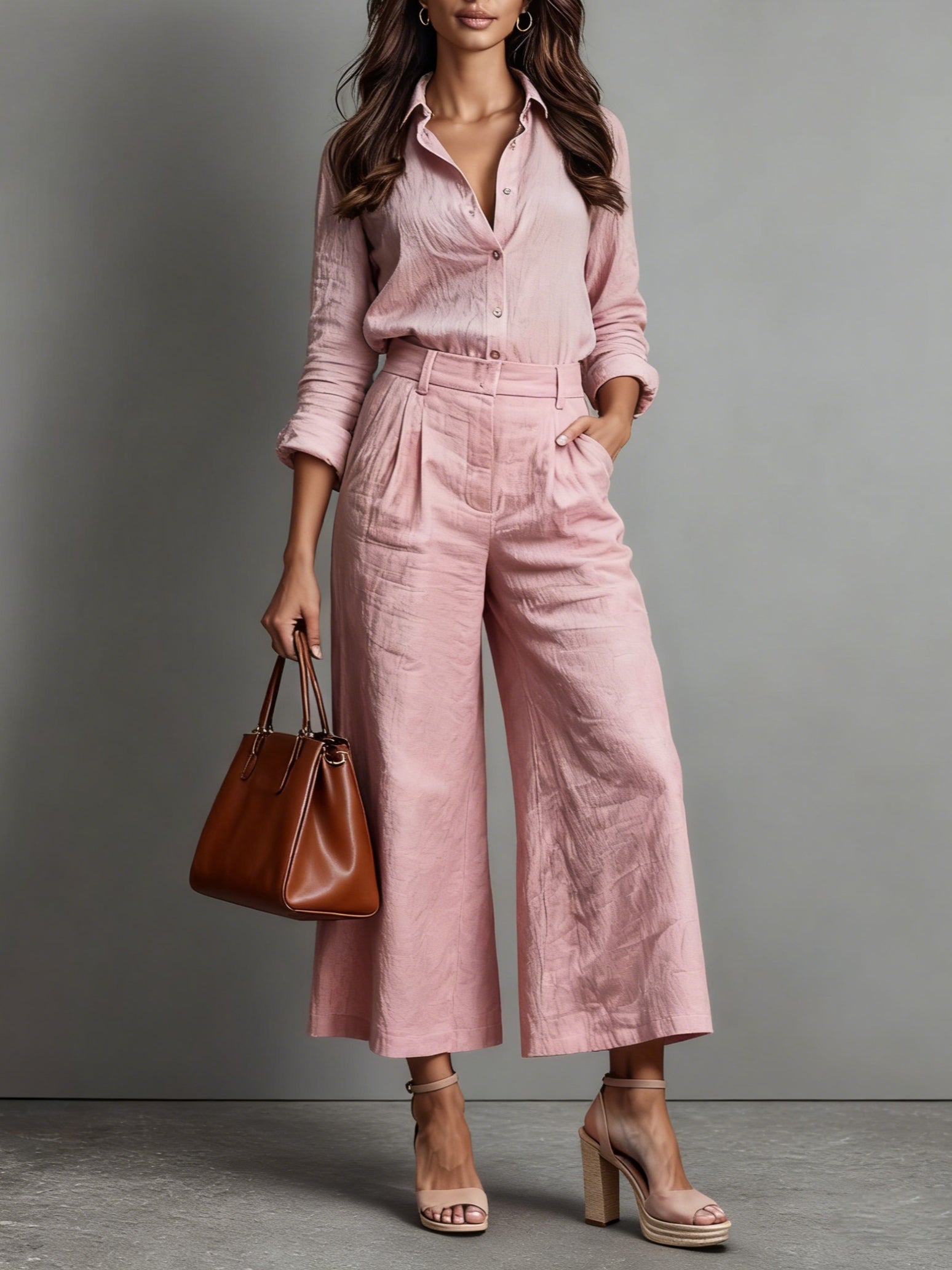Ensemble Femme Pantalon Capri en Lin Rose et Chemise Ample
