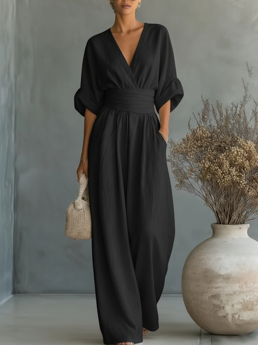 Combinaison élégante à col en V, taille haute et coupe ample