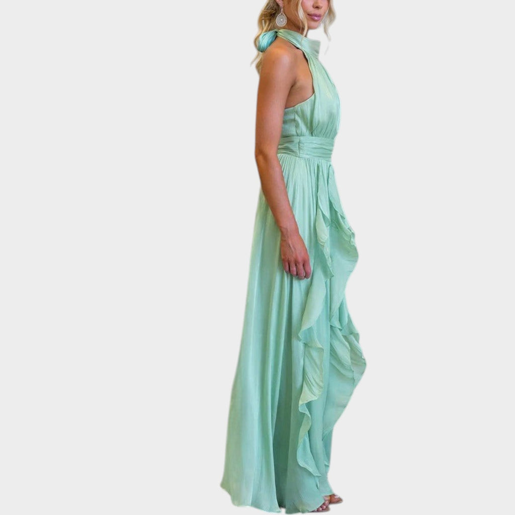 Robe longue élégante à col licou avec volants pour femme