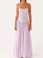 Robe longue à bretelles spaghetti avec volant et smocks