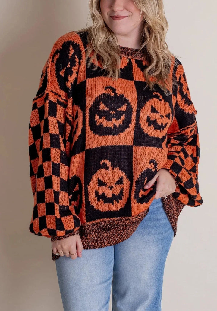 Pull tricoté à carreaux pour Halloween