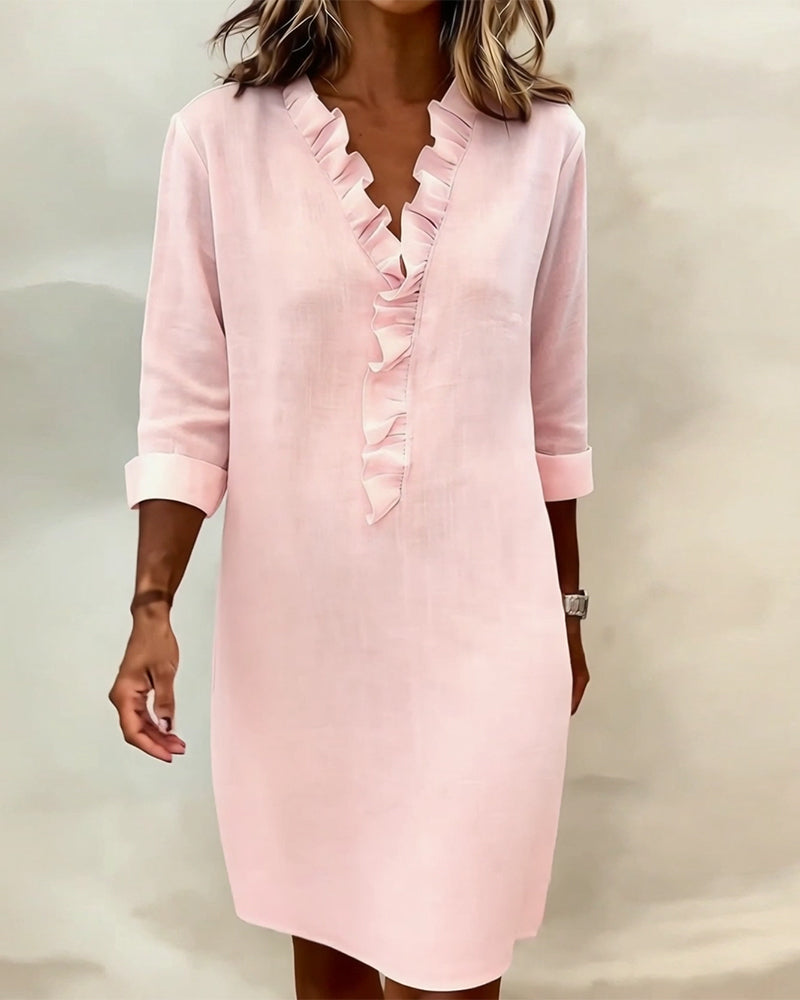 Robe droite en mélange de lin avec volants aérienne