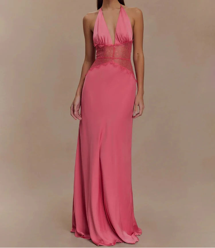Robe Maxi Dos Nu à Panneaux en Dentelle et Col Halter