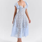 Robe midi en dentelle à manches cloche bleue