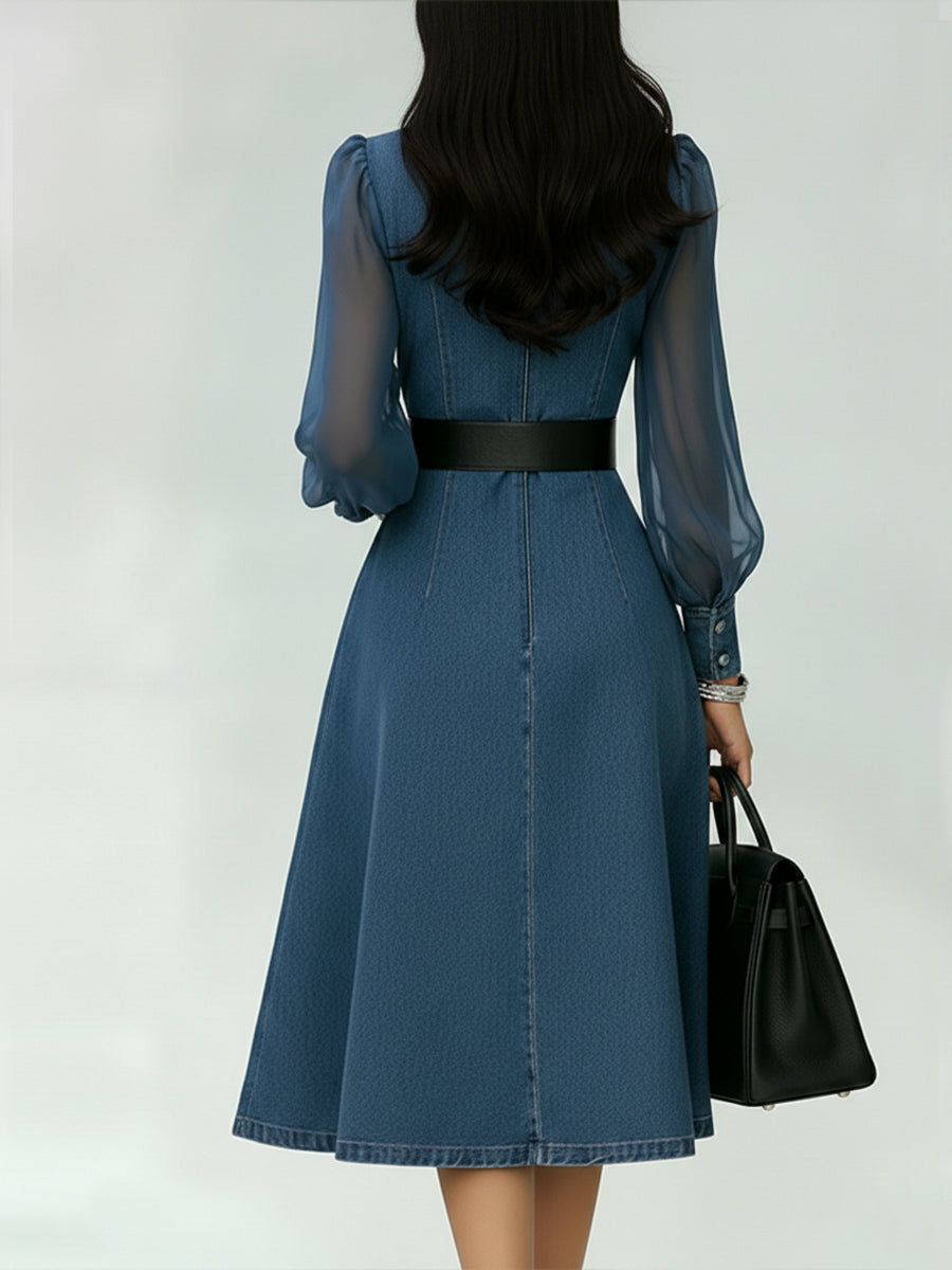 Robe en denim élégante avec panneaux de manches en organza transparent