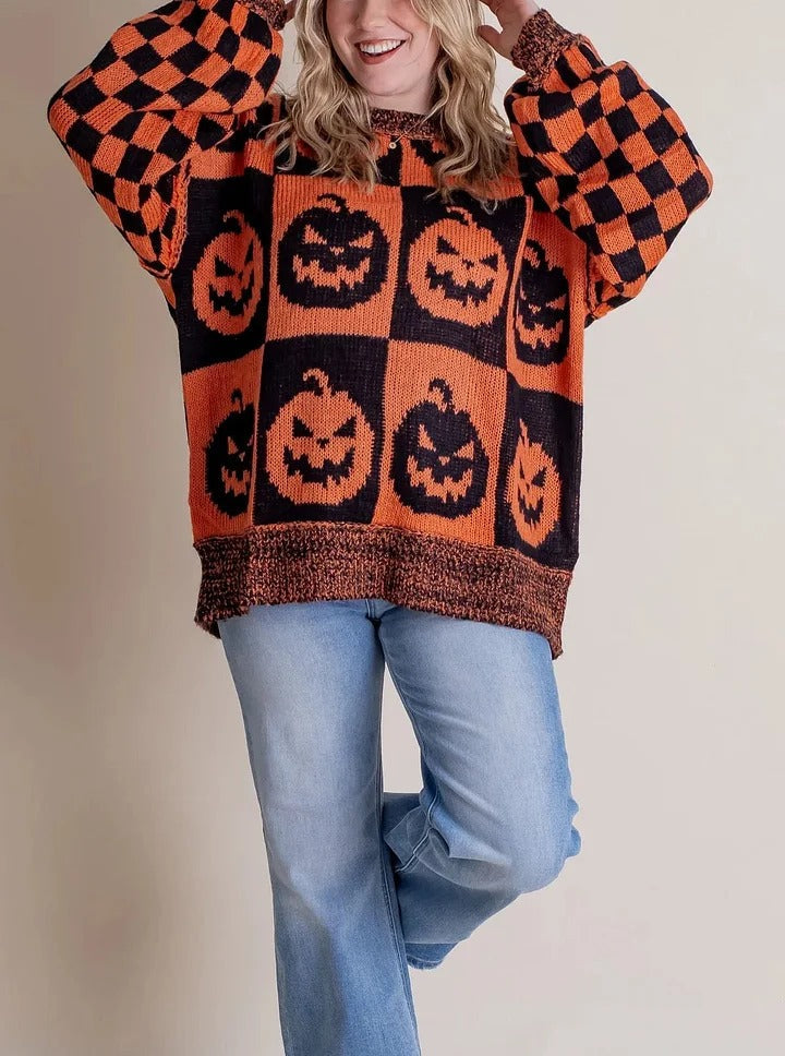 Pull tricoté à carreaux pour Halloween