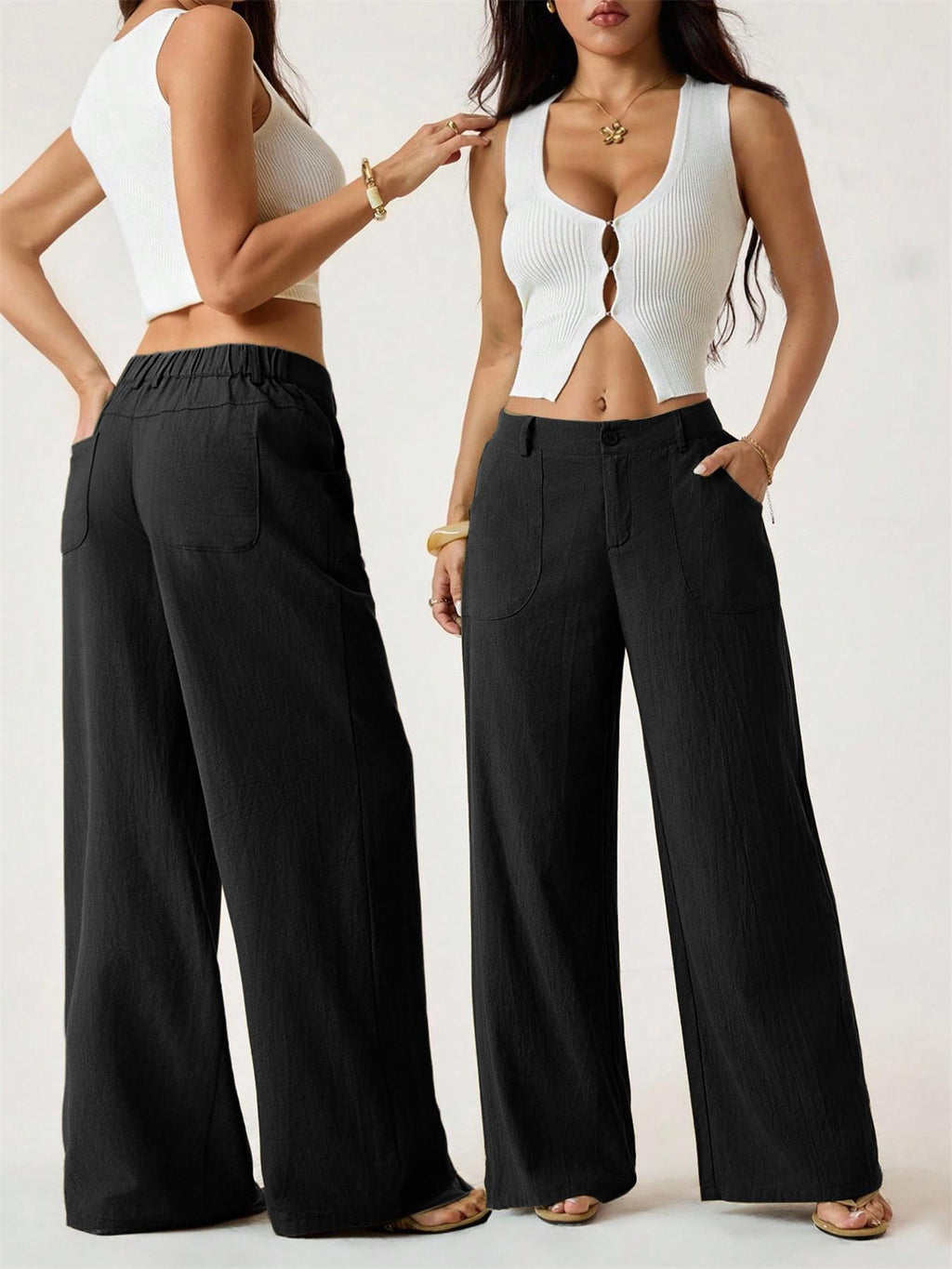 Pantalon taille haute large en mélange coton lin