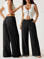 Pantalon taille haute large en mélange coton lin