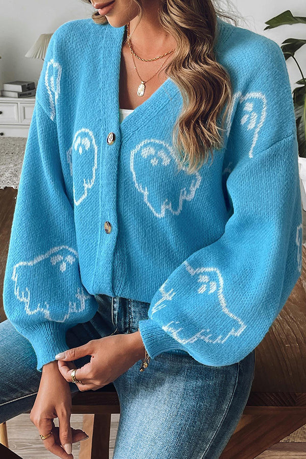 Pull en tricot confortable d'Halloween avec fantôme et boutons devant