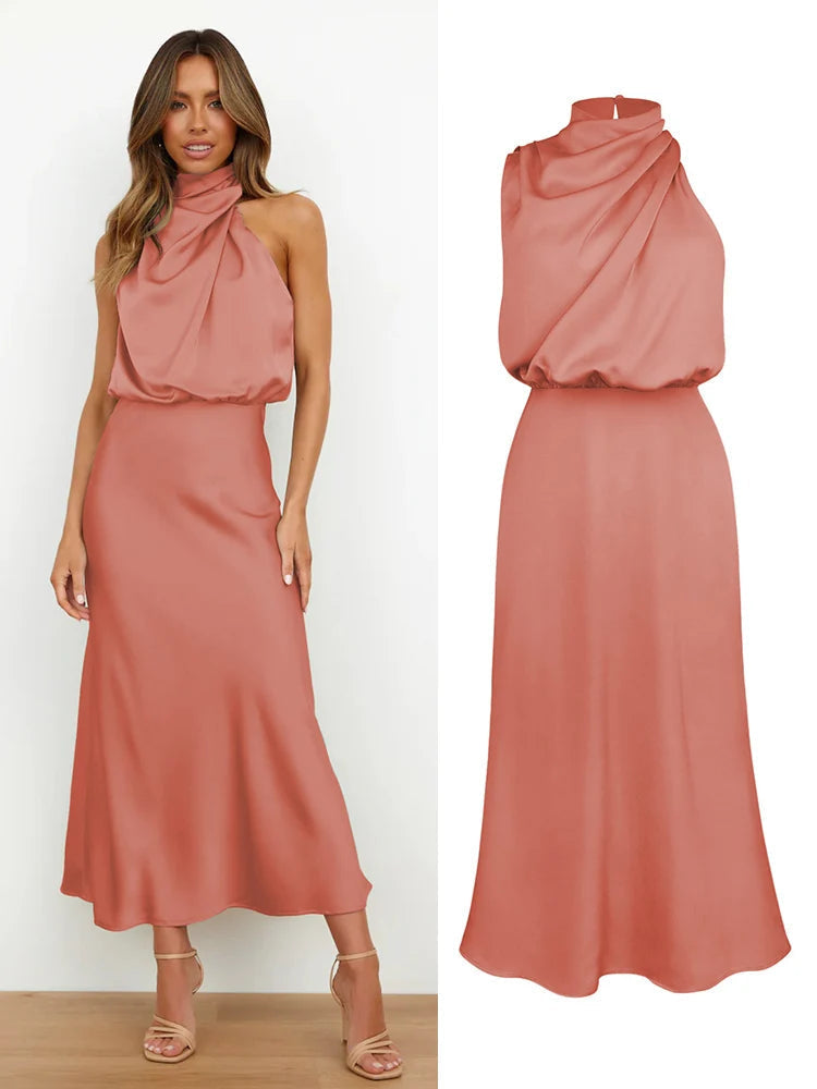 Robe midi en satin pour femme à encolure asymétrique