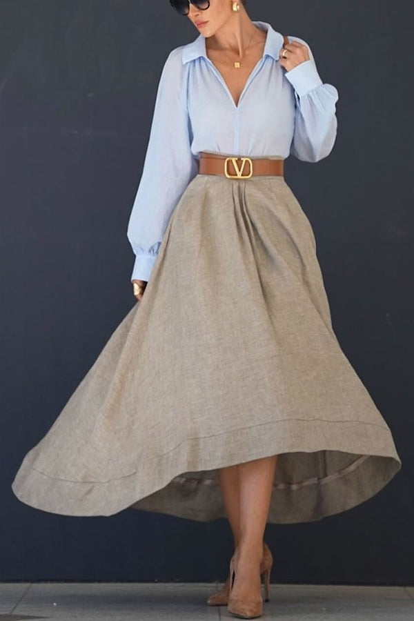 Jupe Maxi Asymétrique en Mélange de Lin avec Taille Élastique au Dos et Poches