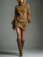 Robe mini vintage en daim à col roulé – Style chic sans effort