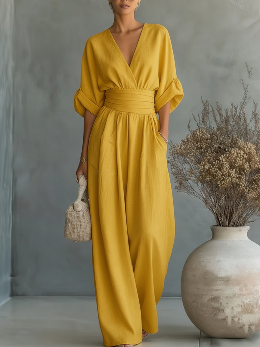 Combinaison élégante à col en V, taille haute et coupe ample