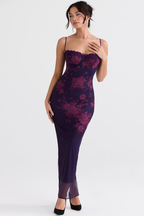 Robe longue moulante en maille florale violette