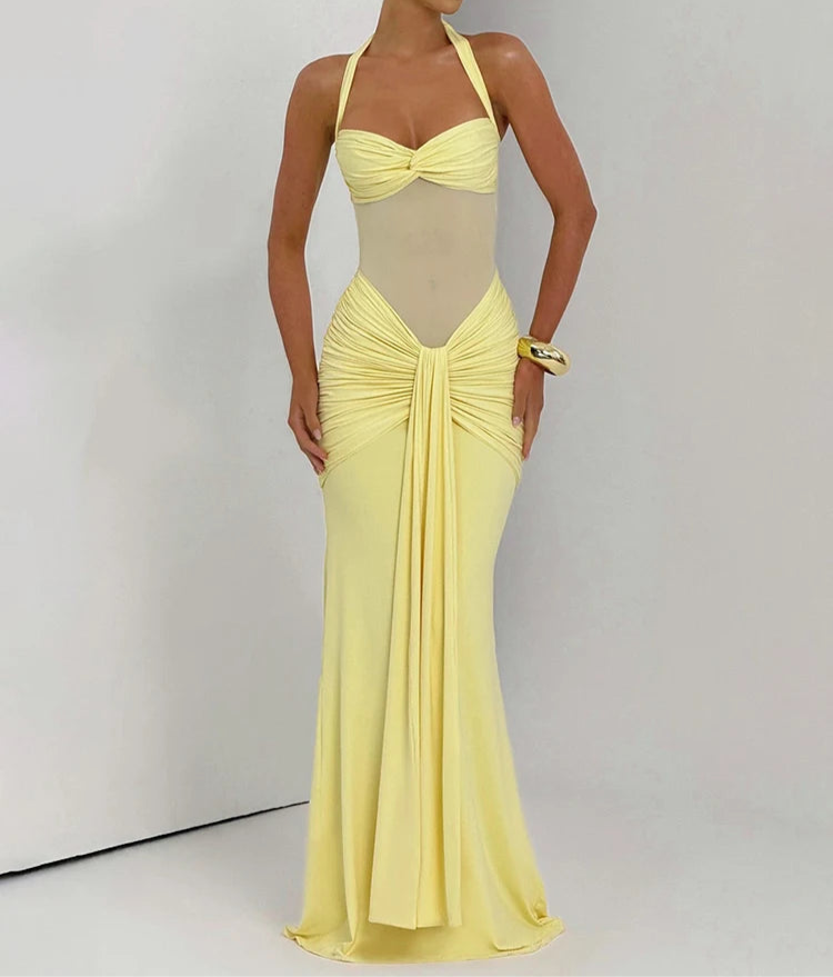 Robe longue moulante drapée à col halter robe de soirée sculptante