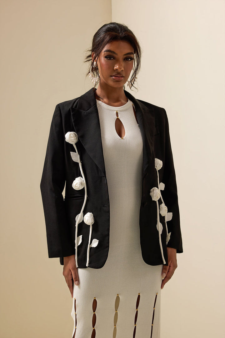 Veste Blazer à Manches Longues avec Contraste Fleuri