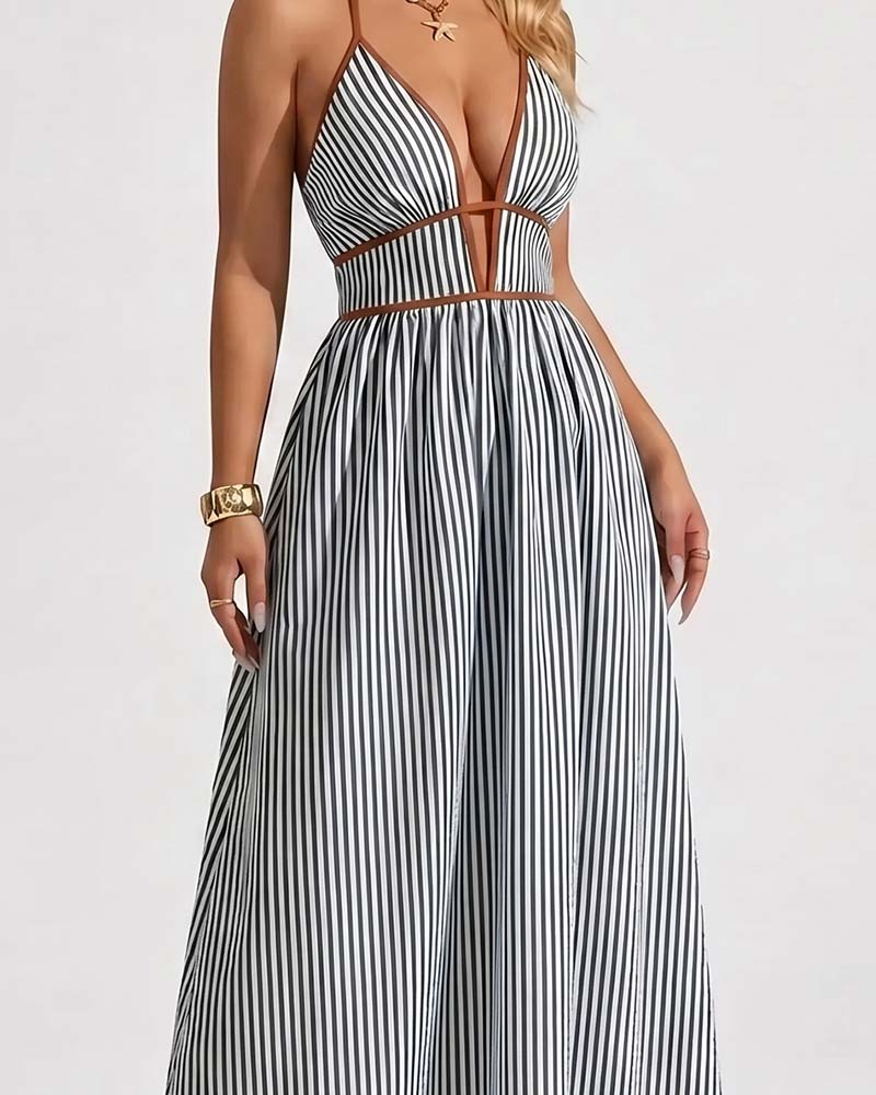Robe maxi rayée col V femme avec motif rayé vertical