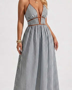Robe maxi rayée col V femme avec motif rayé vertical