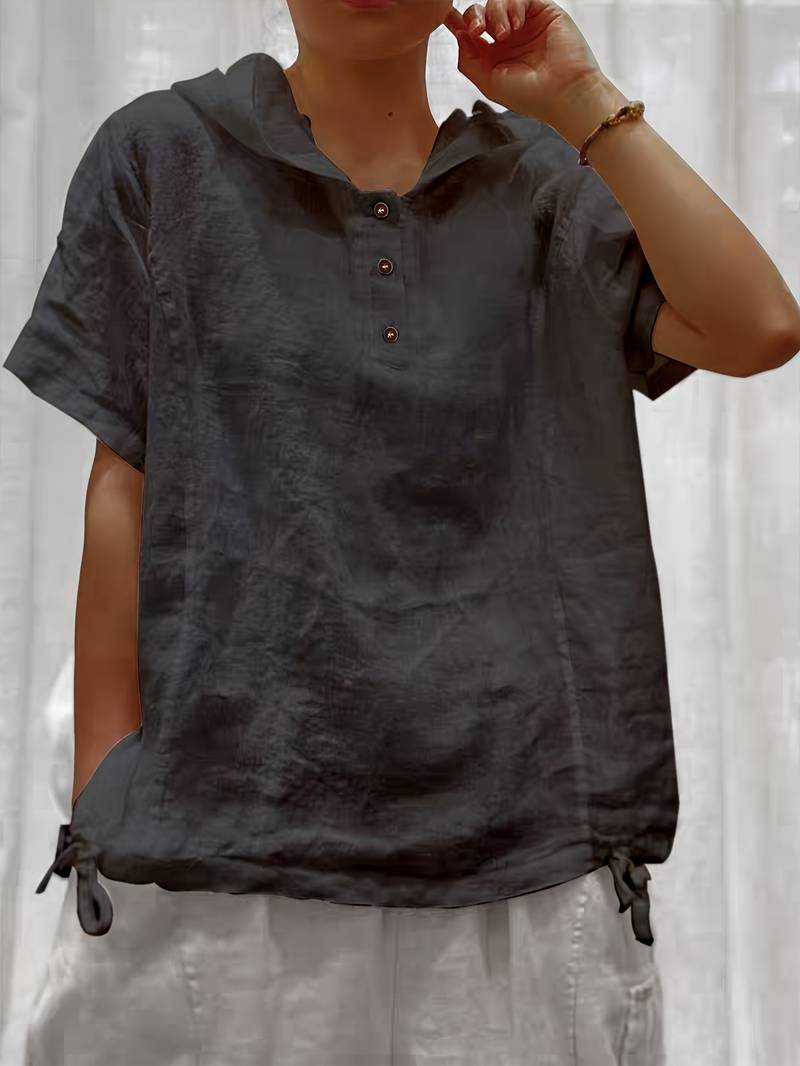 Sweat à capuche à manches courtes texturé ample avec patte de boutonnage