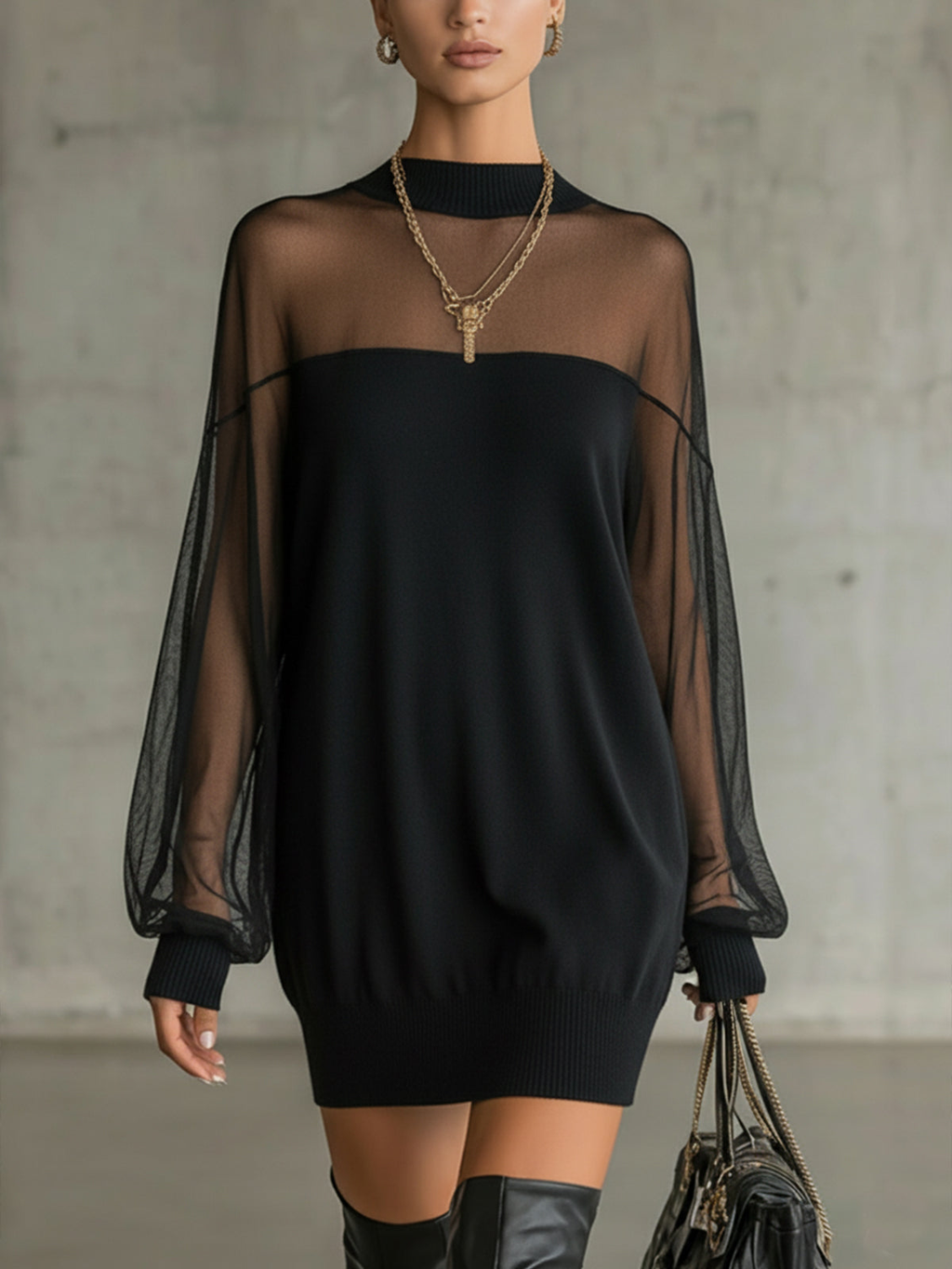 Robe Noire Élégante Courte avec Manches Longues en Résille