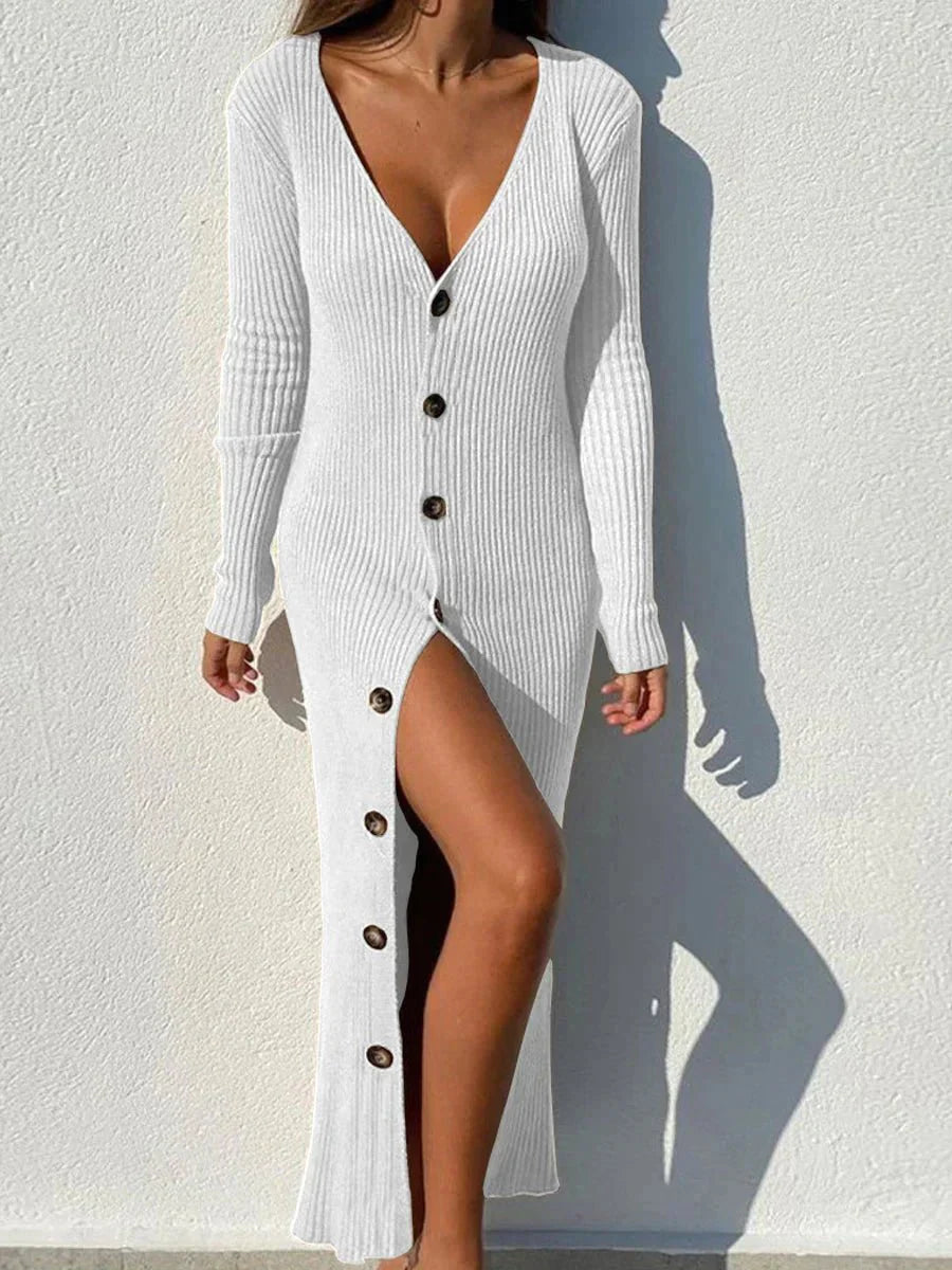 Robe Longue Tricotée Confortable avec Encolure Plongeante Boutonnée