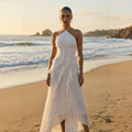 Robe mi-longue plissée blanche en forme de rose thé pour femmes