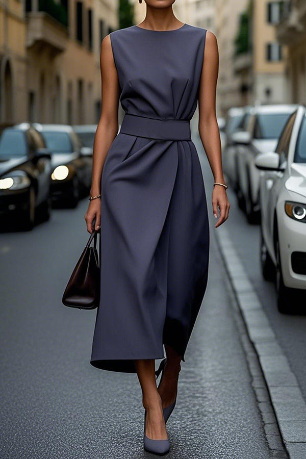 Robe midi décontractée unie sans manches avec col rond