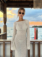 Robe Longue en Crochet Sans Dos avec Manches Longues Transparentes