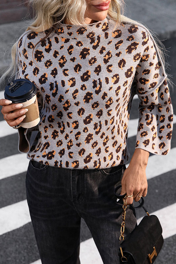 Pull en tricot à motif léopard confortable avec col roulé ample