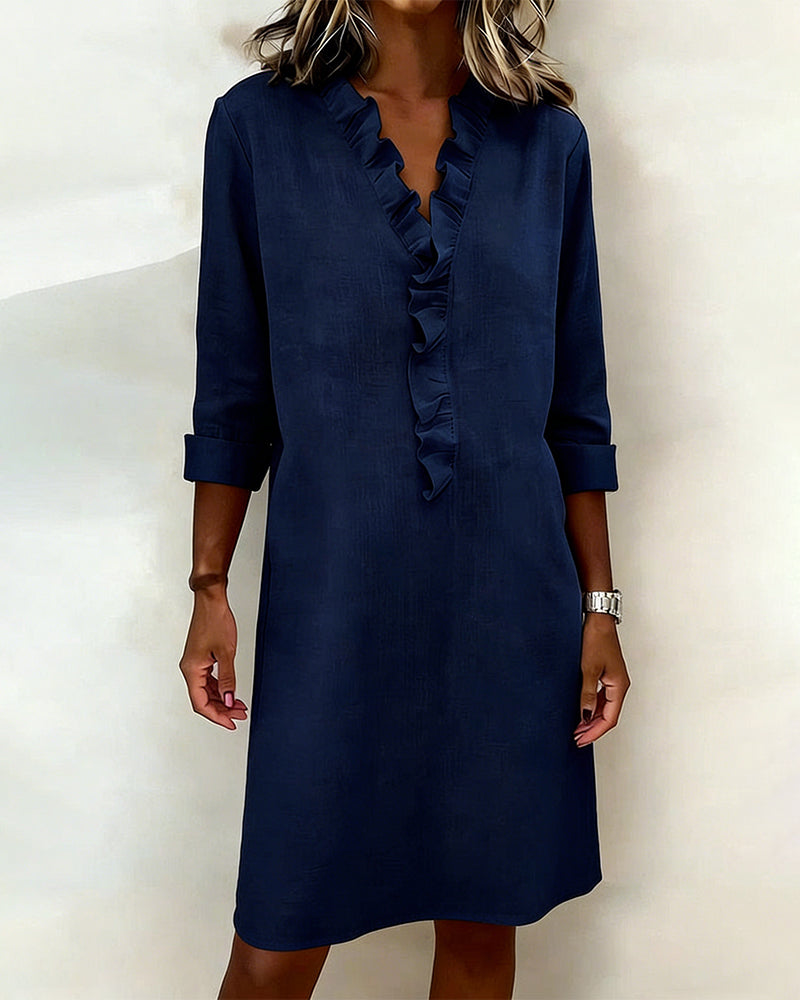 Robe droite en mélange de lin avec volants aérienne
