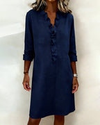 Robe droite en mélange de lin avec volants aérienne