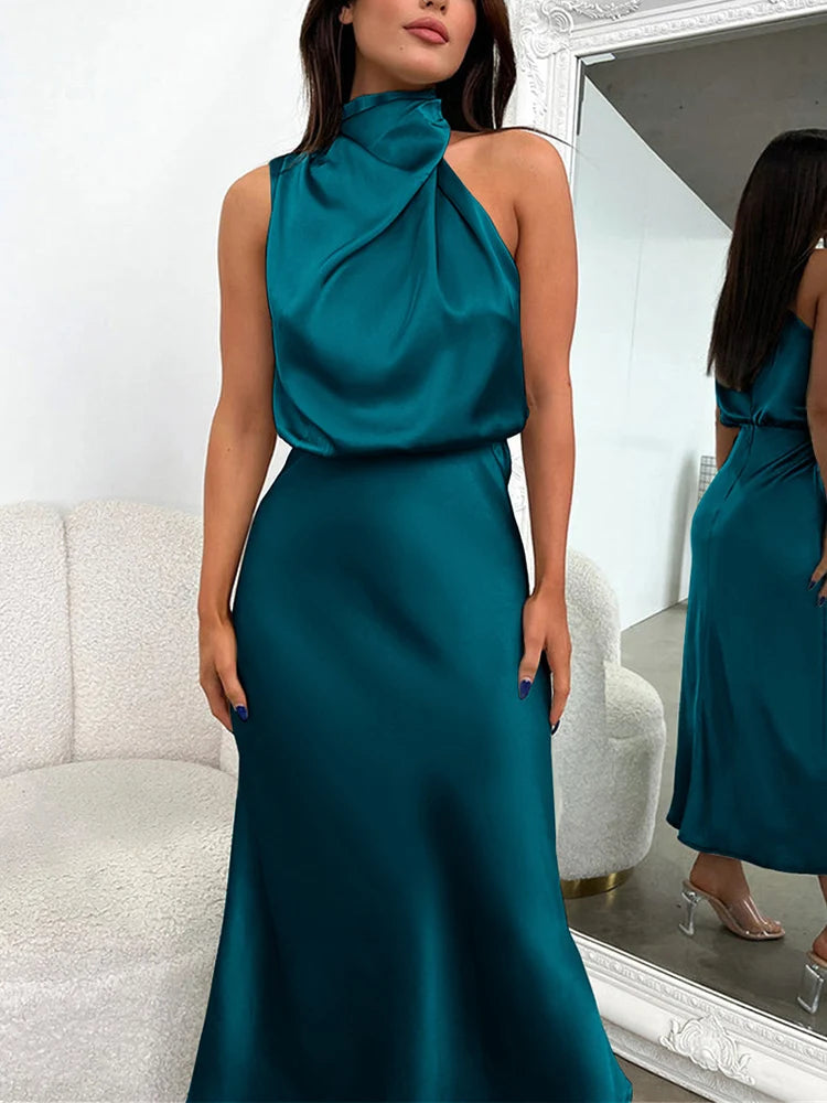 Robe midi en satin pour femme à encolure asymétrique