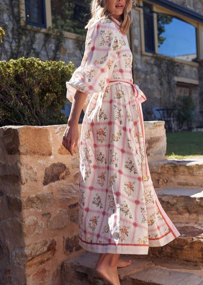 Robe longue décontractée en coton pour femme avec col Peter Pan et laçage en dentelle