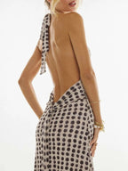 Robe longue froncée à col halter imprimé floral