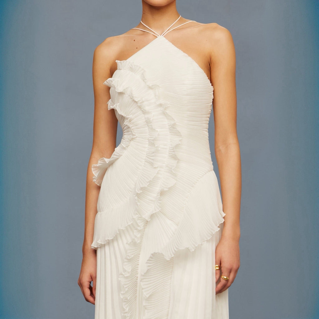 Robe mi-longue plissée blanche en forme de rose thé pour femmes