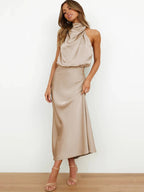 Robe midi en satin pour femme à encolure asymétrique