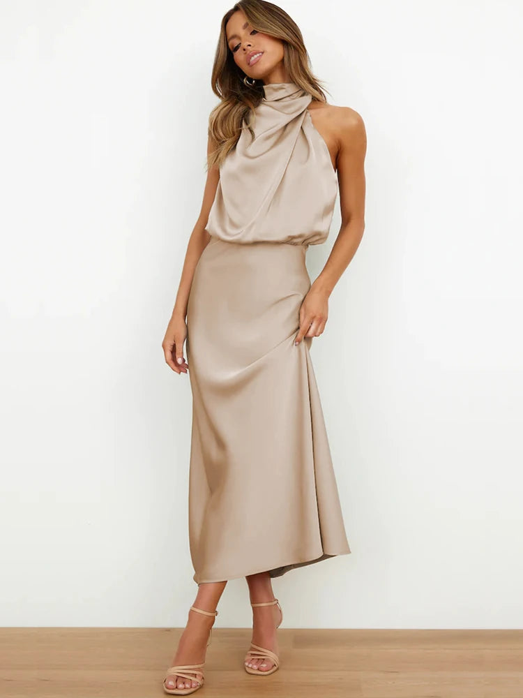 Robe midi en satin pour femme à encolure asymétrique
